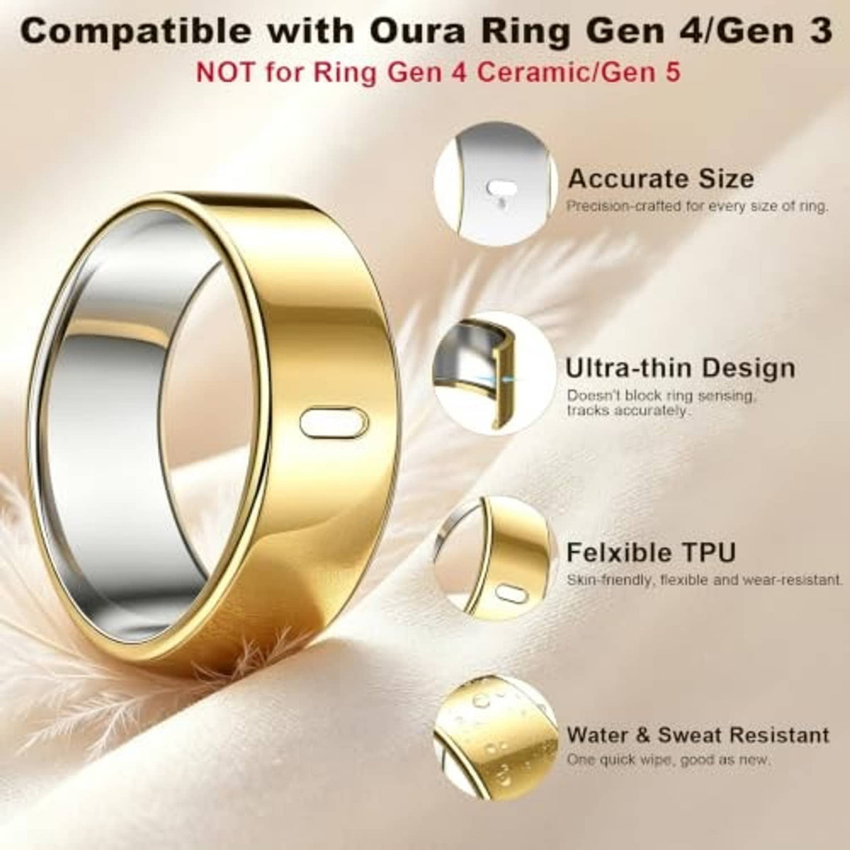 Gold TPU Oura ring protector, thin flexible band with side sensor cutout