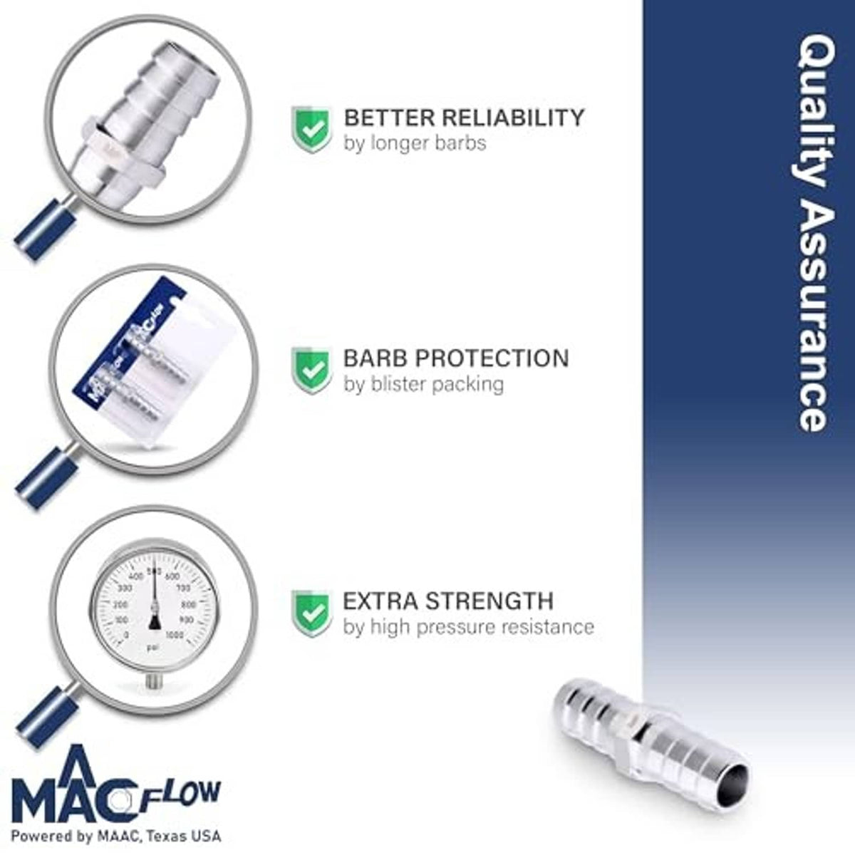 Feature graphic for stainless steel hose barb fitting: better reliability and barb protection