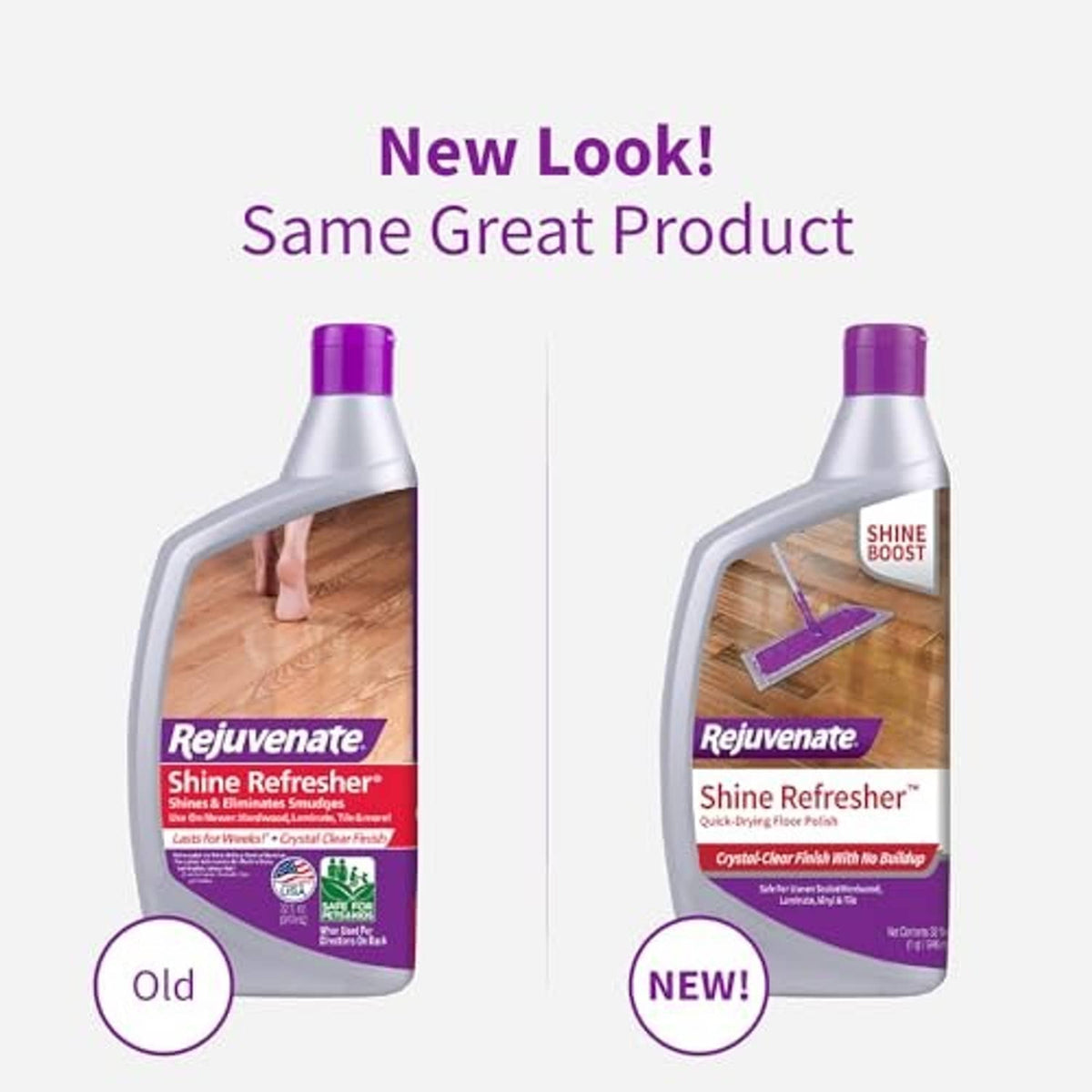 Two Rejuvenate Shine Refresher floor polish bottles shown side by side