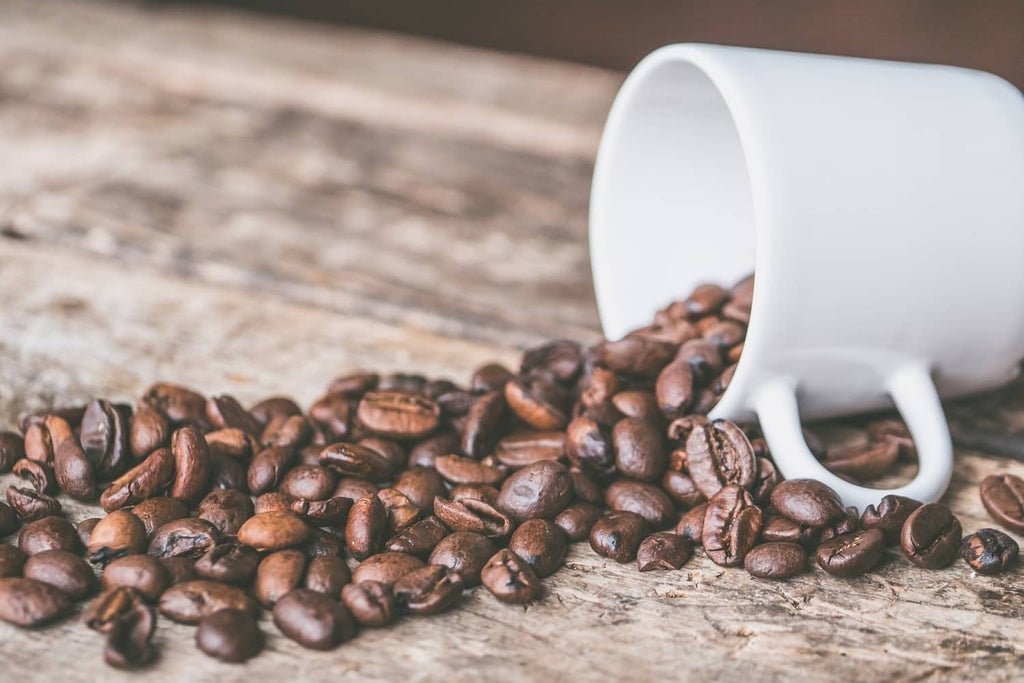 White scoop pouring roasted coffee beans onto a countertop
