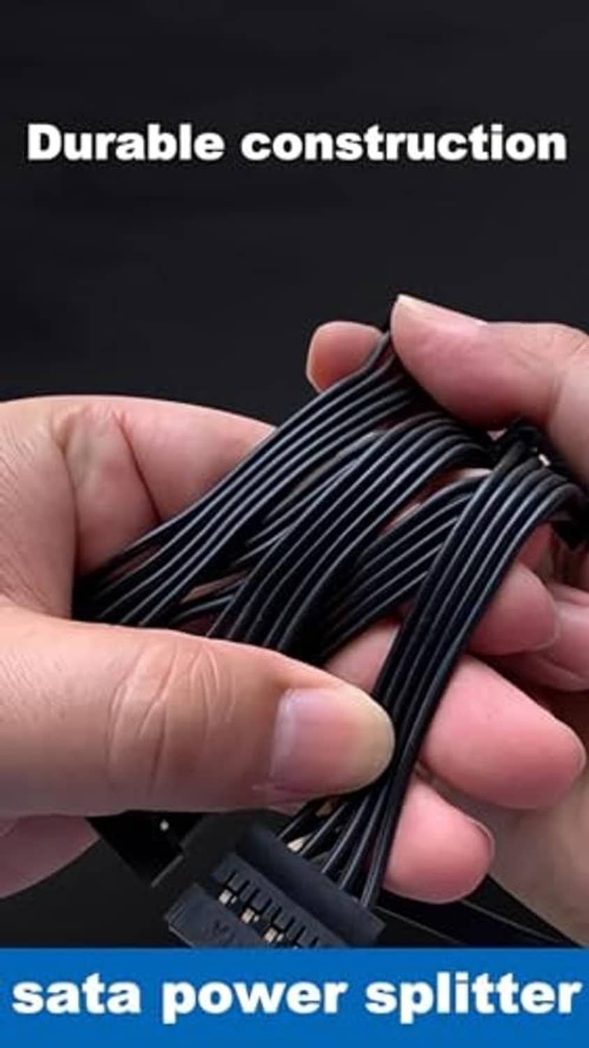Black SATA power splitter cable with durable connectors, held in hand