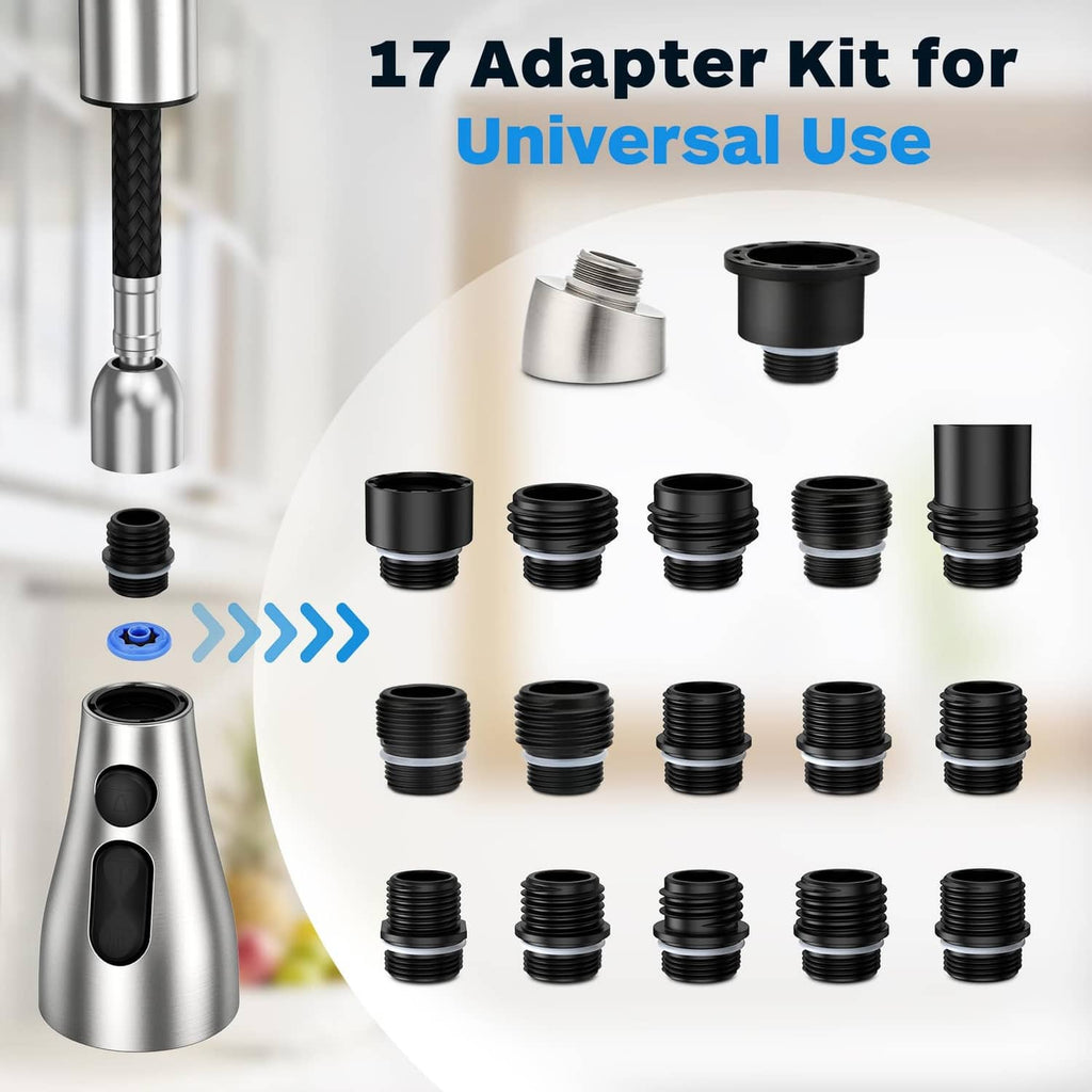Brushed nickel faucet head replacement kit with 17 adapters and connector pieces