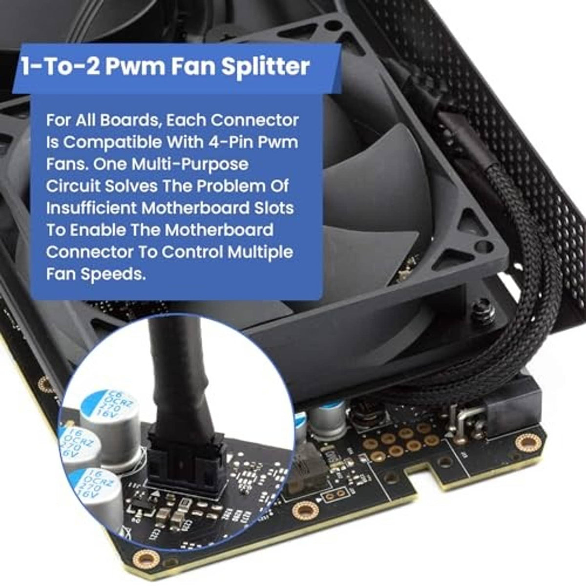 Black PWM fan splitter 1-to-2 cable with dual connectors for motherboard fan headers