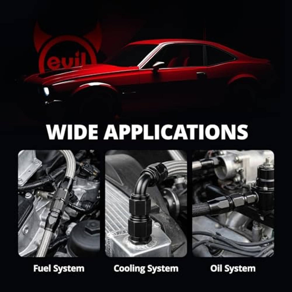 Black AN flare union straight fuel hose adapter fitting shown in vehicle system