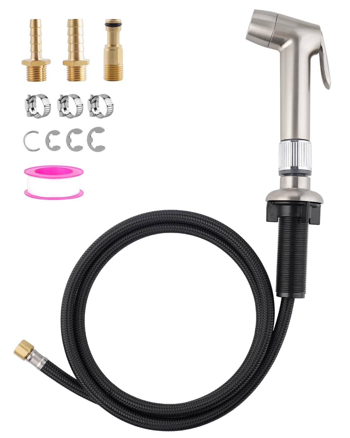 Brushed nickel kitchen sink side sprayer kit with black braided hose and adapters