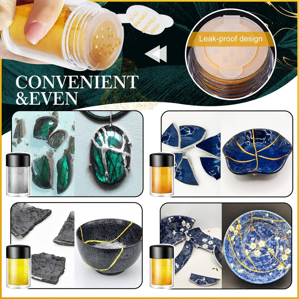 Leak-proof kintsugi repair kit bottles and powders with silicone cups and mixing tools
