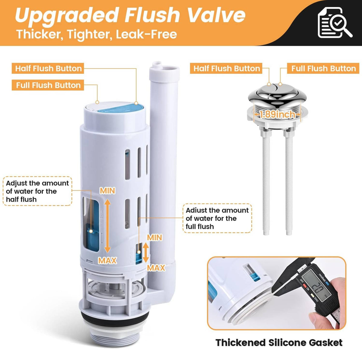 Upgraded dual flush valve replacement kit with thicker silicone gasket and adjustment