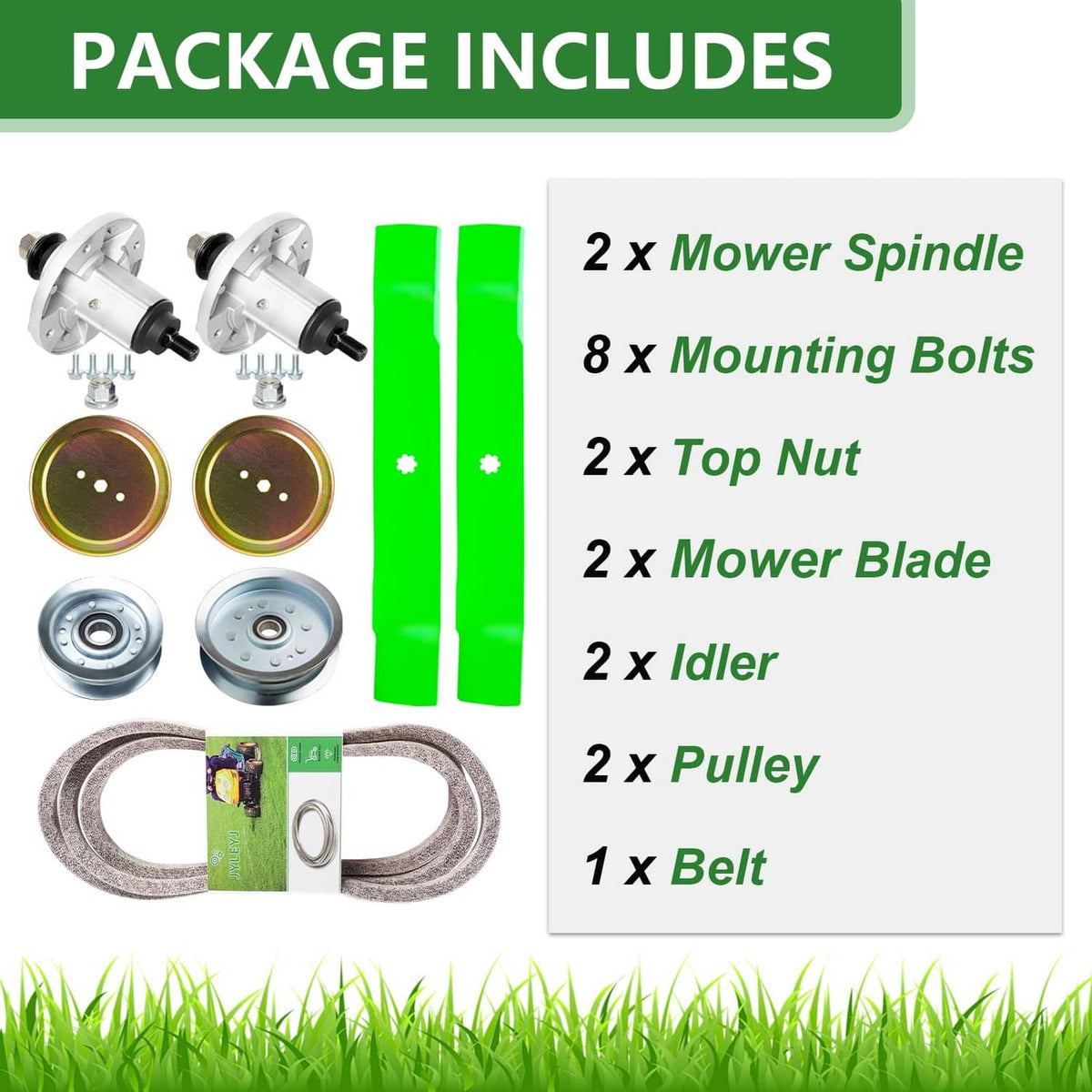 Lawn mower kit package contents with spindles, blades, pulleys, idlers and belt