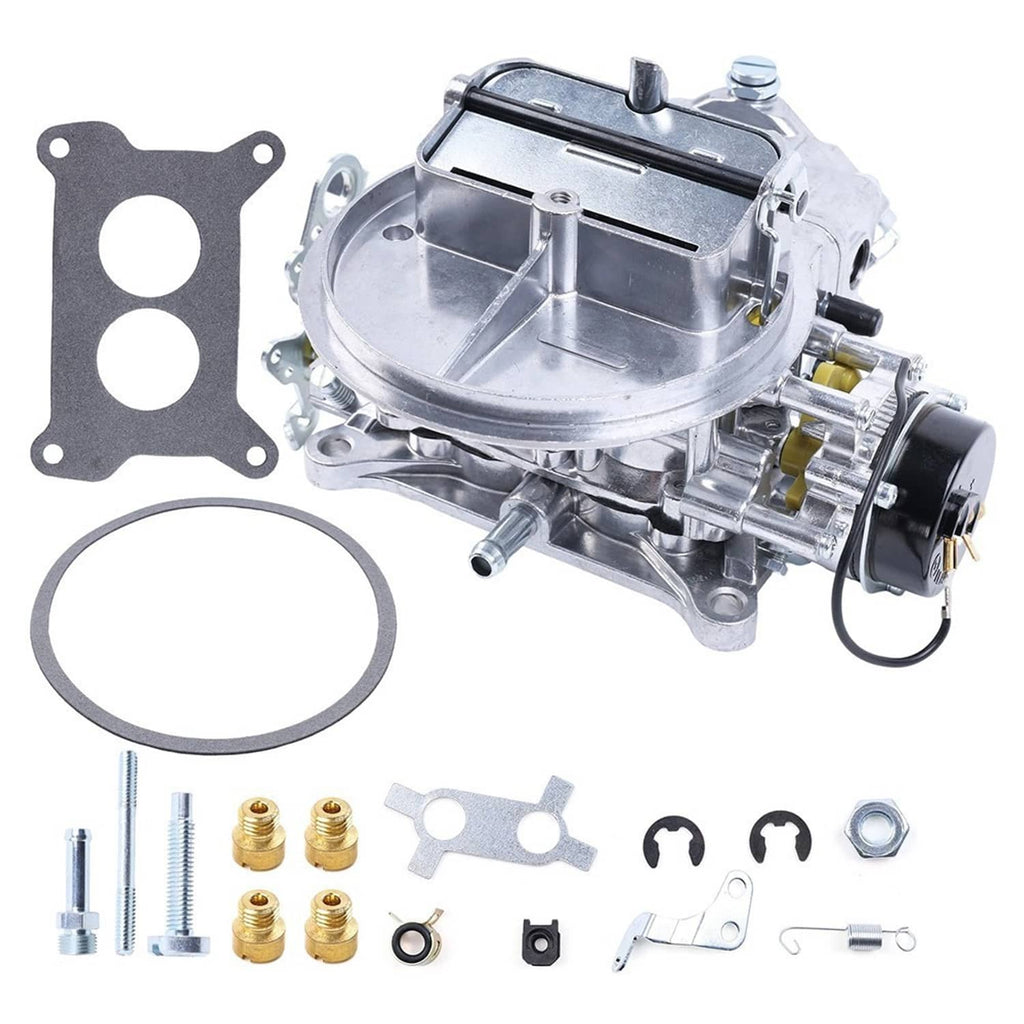 2BBL carburetor kit with silver carburetor, gasket, and small hardware pieces
