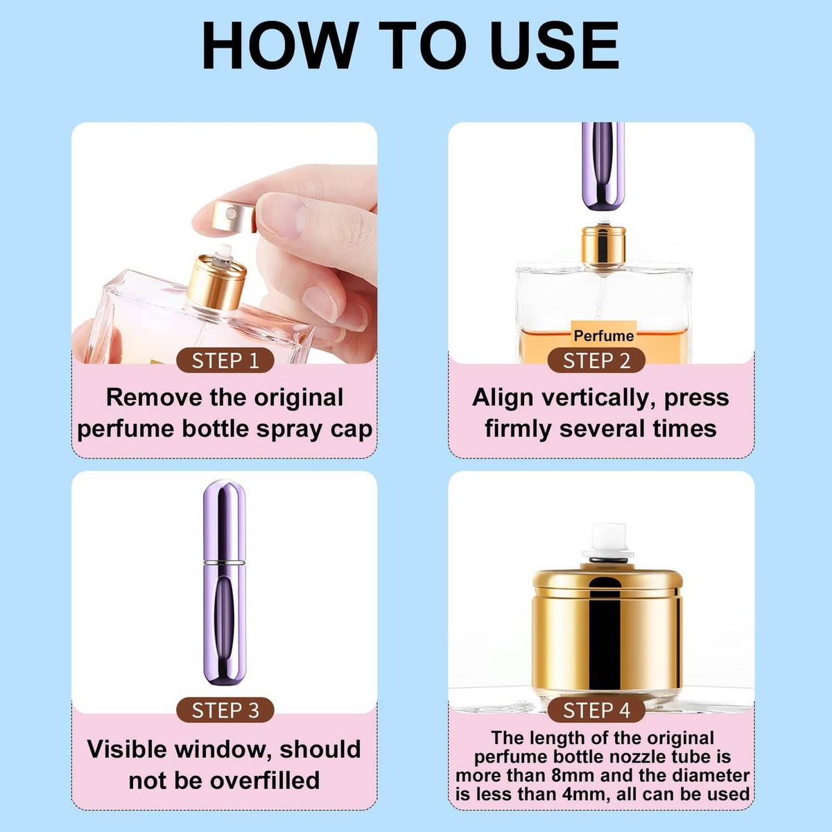 Hand using purple mini perfume atomizer on refill bottle