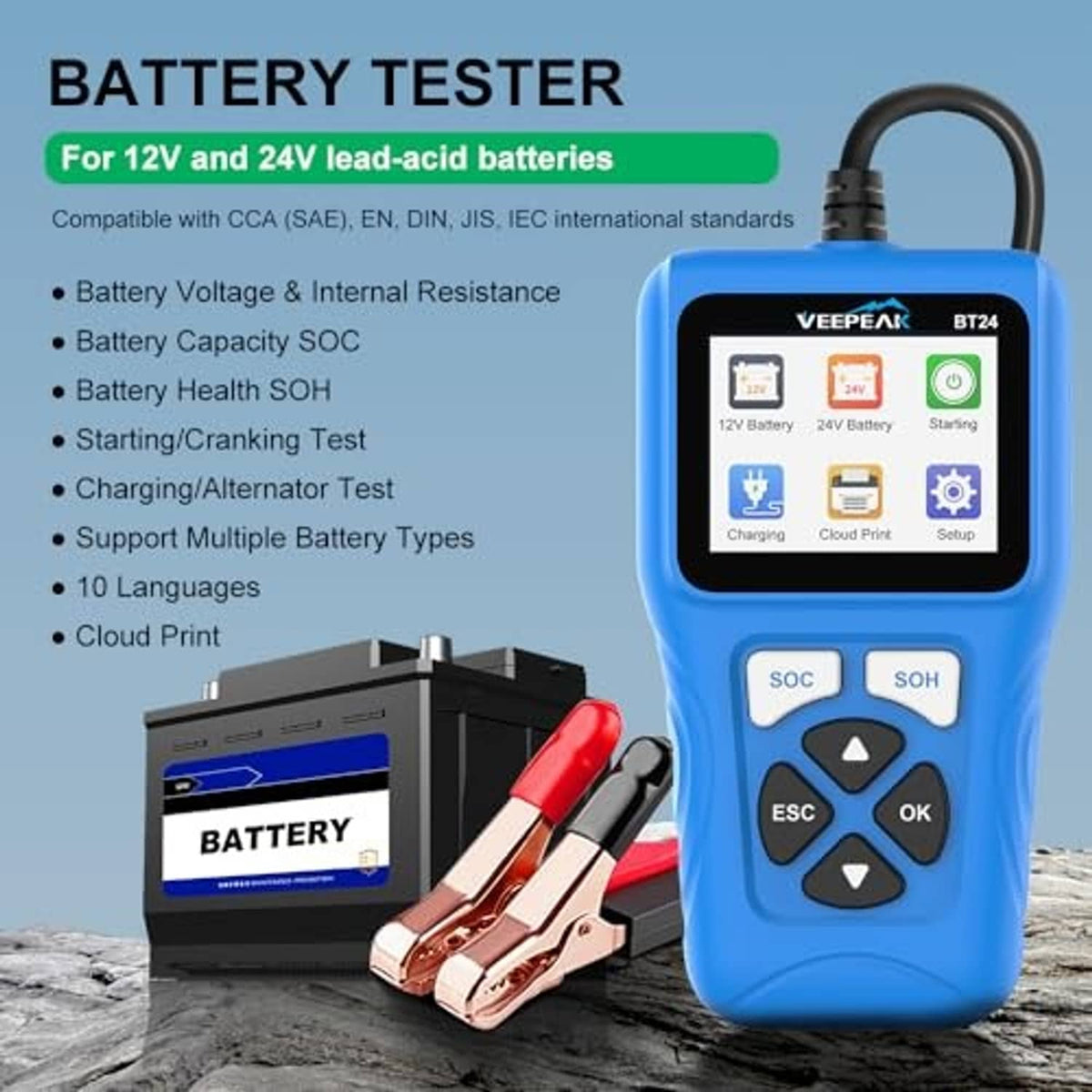 Blue VEEPEAK battery tester with LCD screen and red-black alligator clips beside box