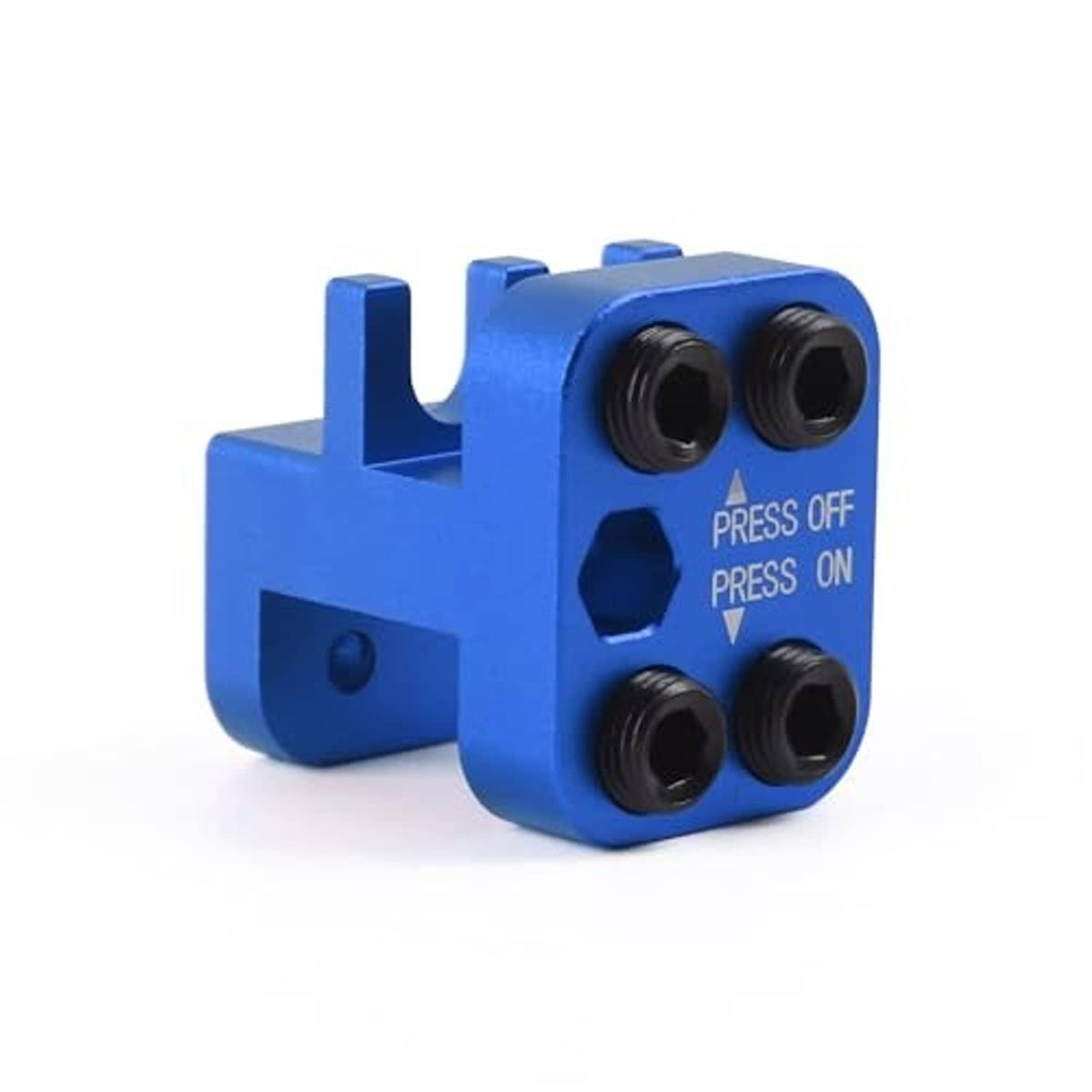 Blue chain link press tool with four black dies, press off/on text, and side handle