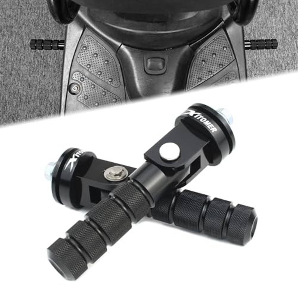 Black folding passenger footrest pegs with knurled texture and silver mounting caps