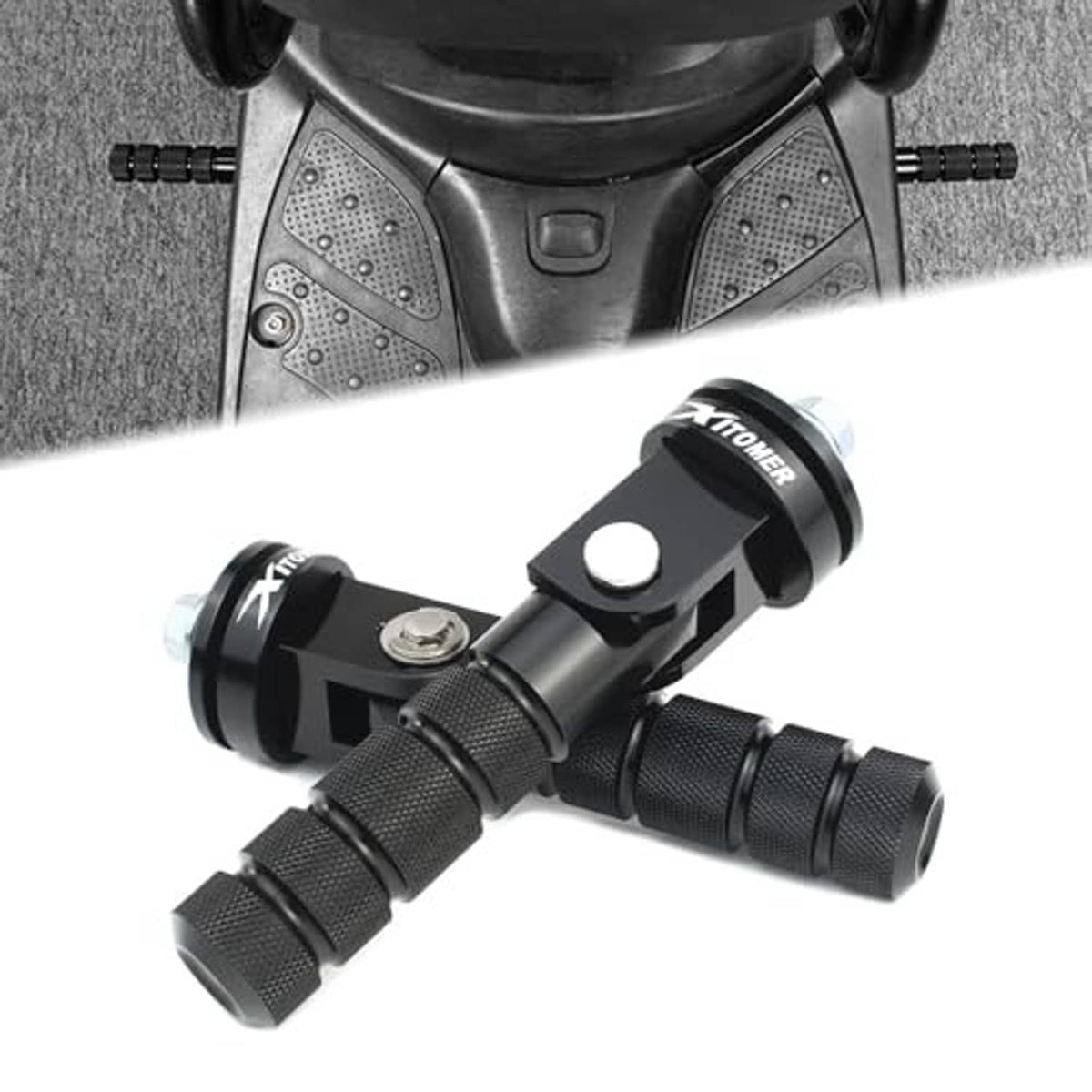 Black folding passenger footrest pegs with knurled texture and silver mounting caps