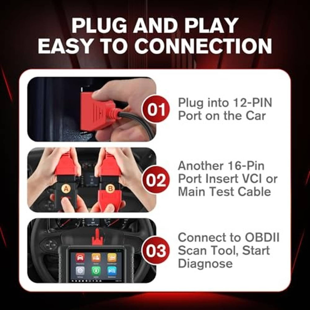 Red OBD adapter cable being plugged into a black port connector, dual ends visible