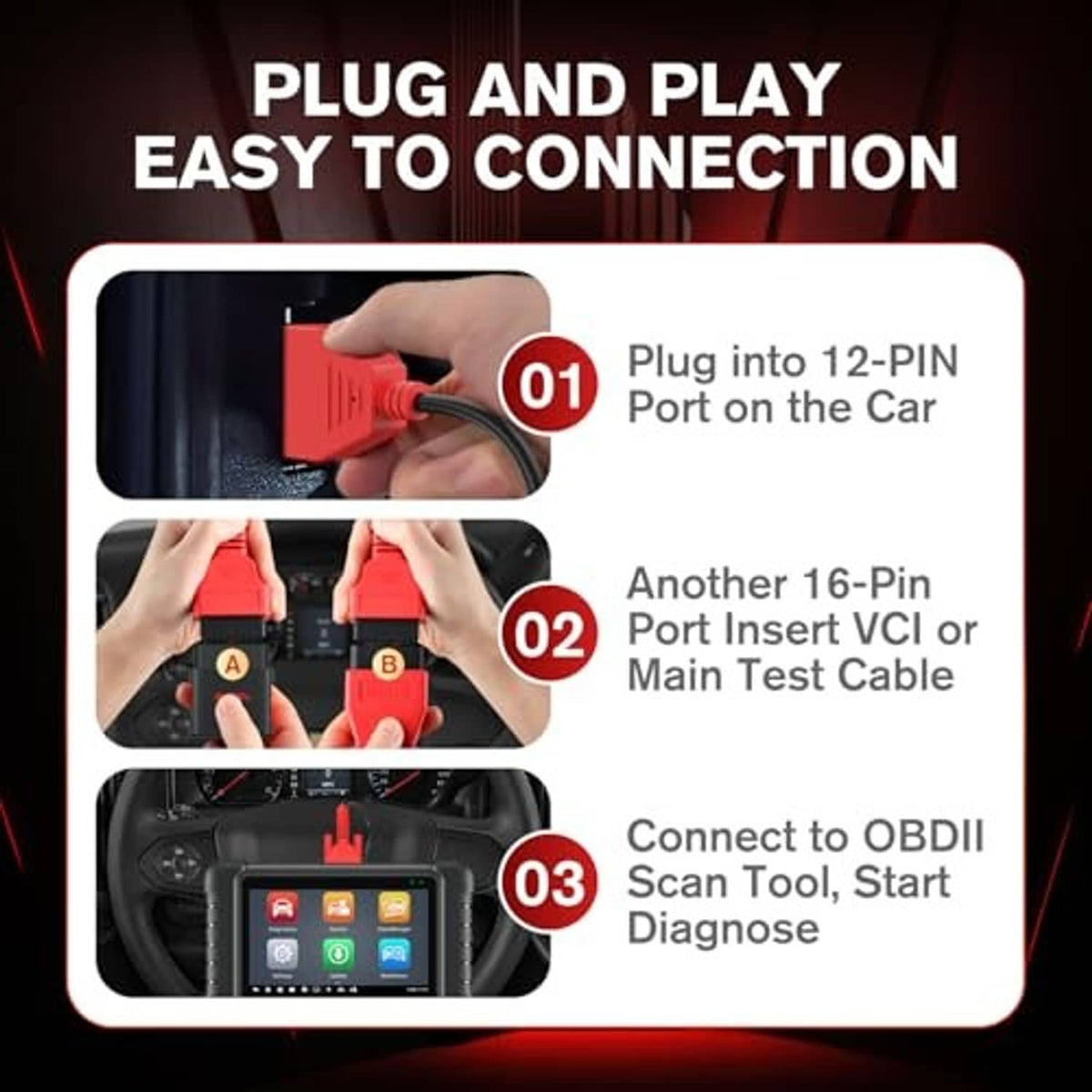 Red OBD adapter cable being plugged into a black port connector, dual ends visible