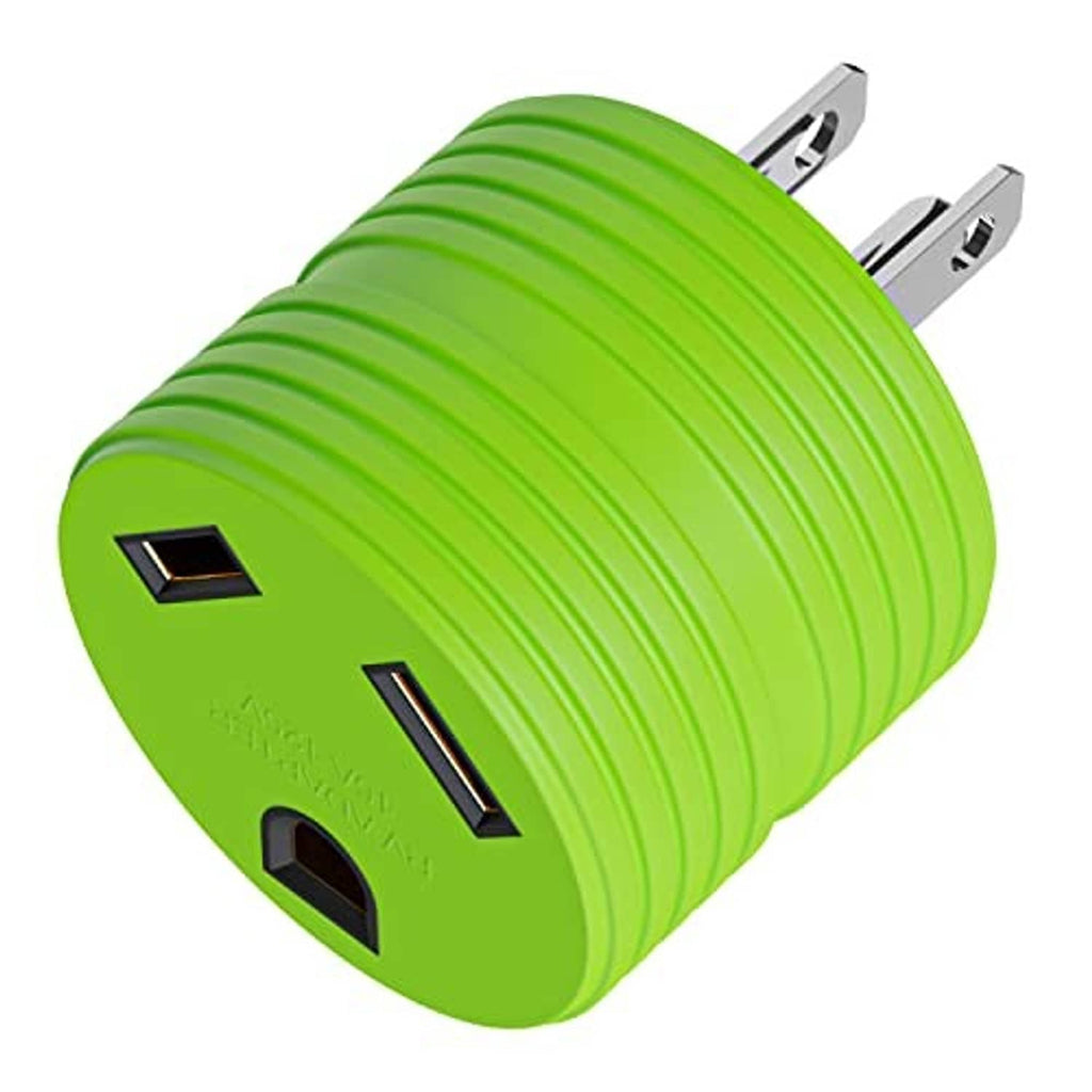 Green power adapter plug with two metal flat blades and prong openings