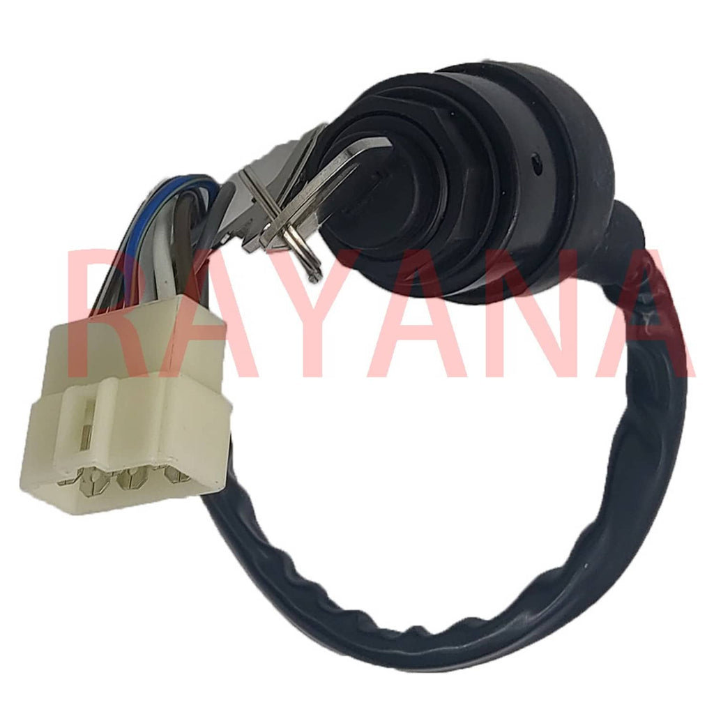 Ignition key switch with key cylinder, black housing, and white connector with color wires