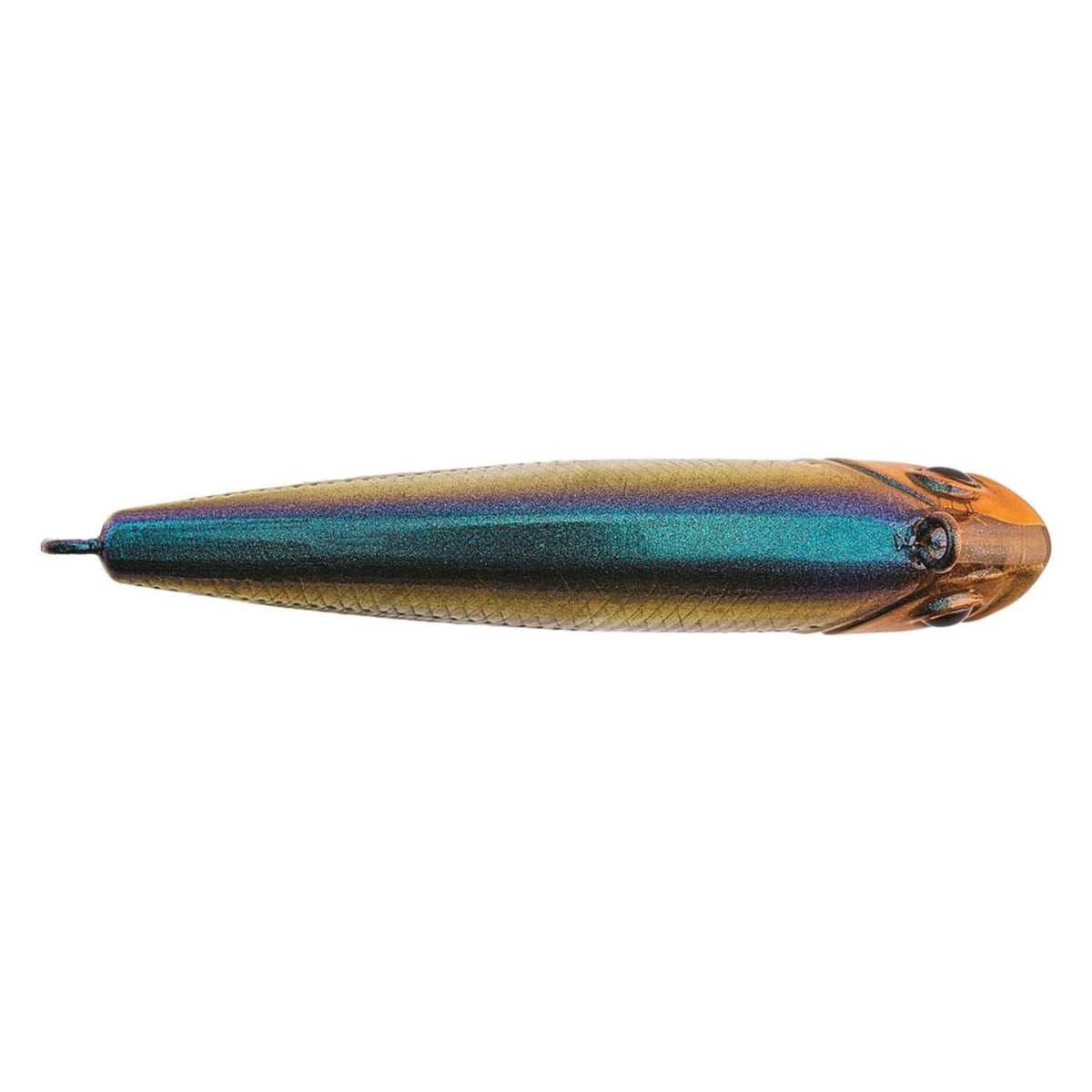 Fishing lure with blue-green body and gold sides, front and rear treble hooks