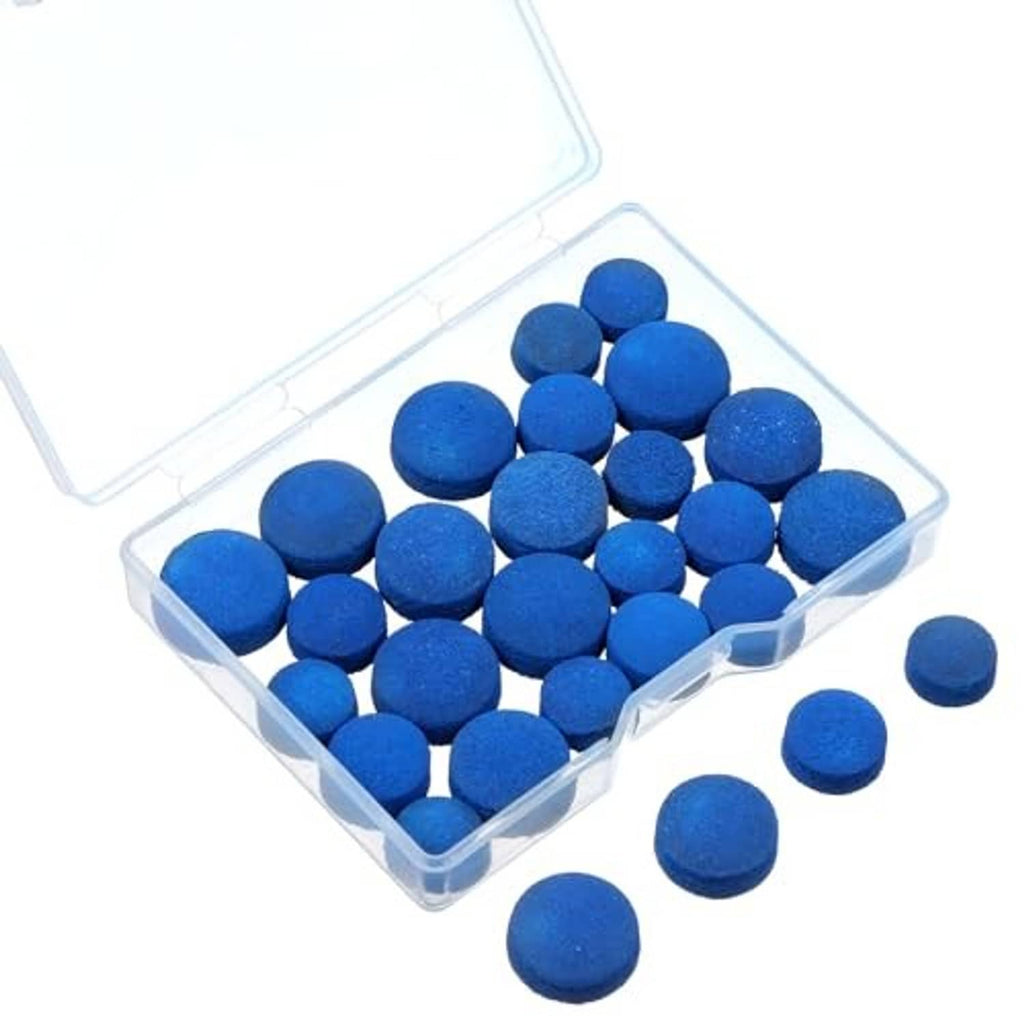 Blue billiard cue tips in a clear organizer box plus a few loose replacement tips