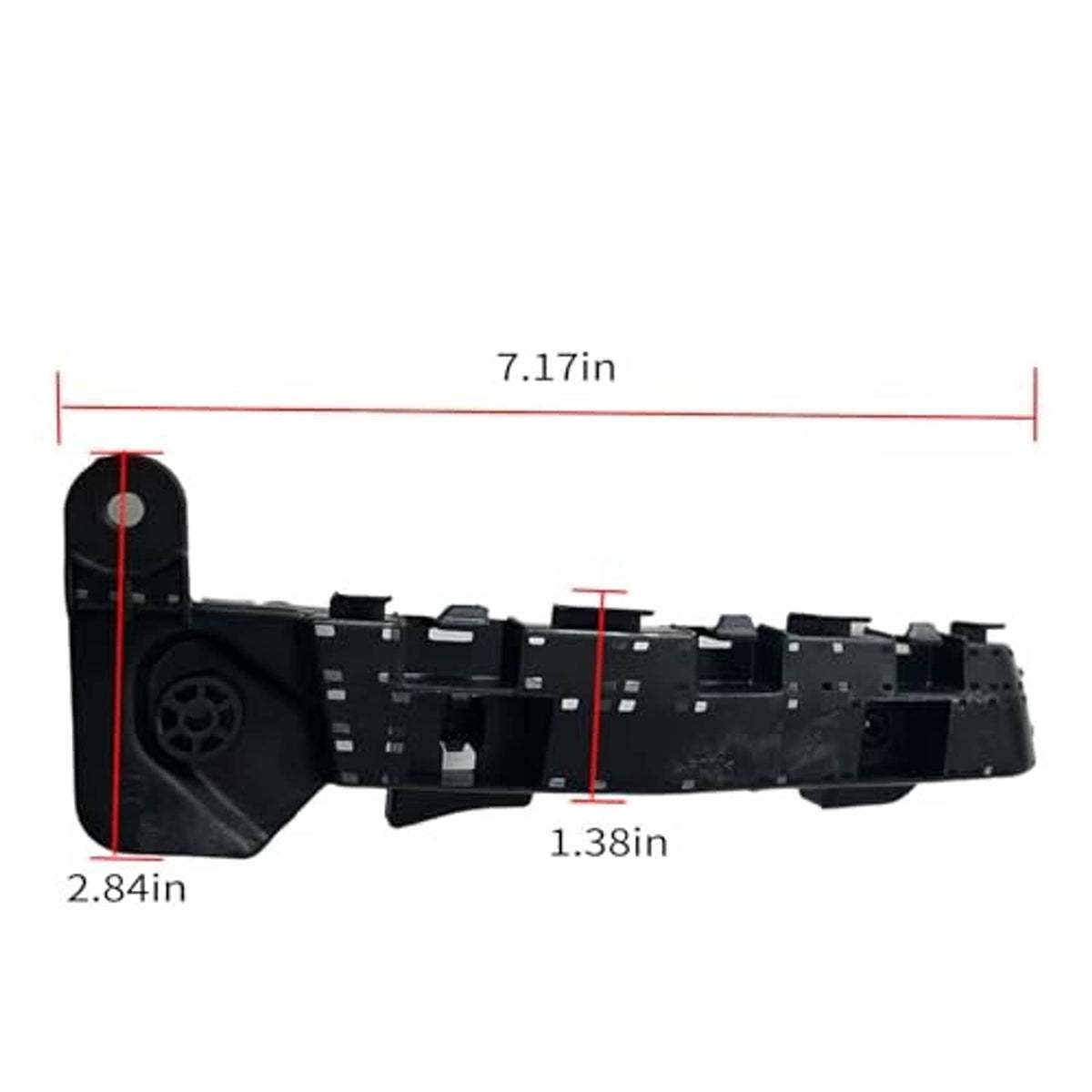 Black front bumper bracket with multiple mounting tabs and circular opening, with size scale