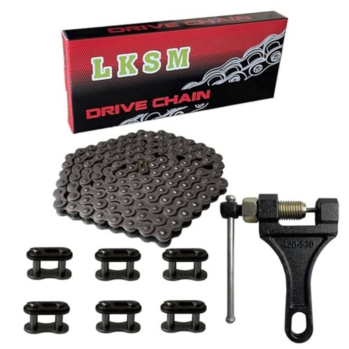 Black motorcycle roller chain with 420 chain breaker tool and extra link connectors