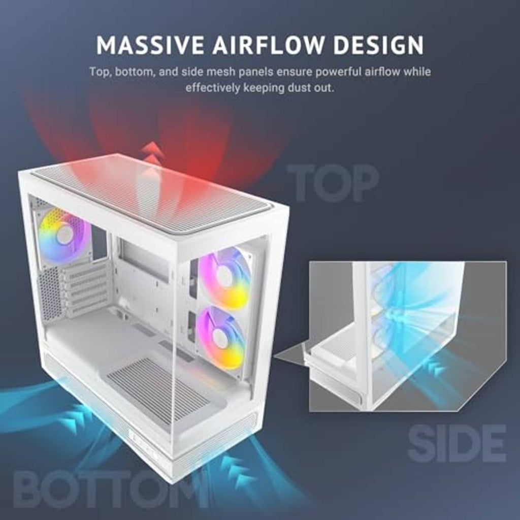 White compact microATX PC case with top mesh panel and ARGB fans visible through glass