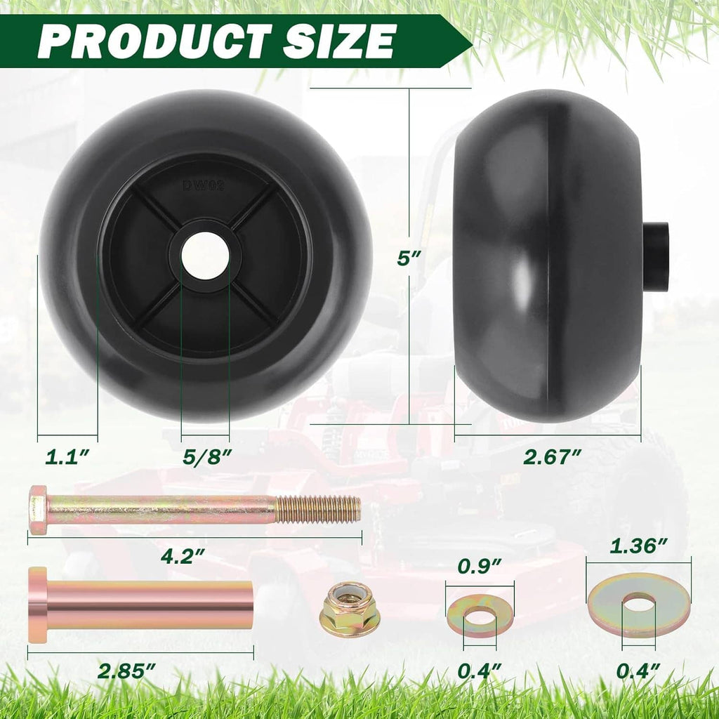 Lawn mower deck wheel kit with black wheel and copper bolt measurements diagram