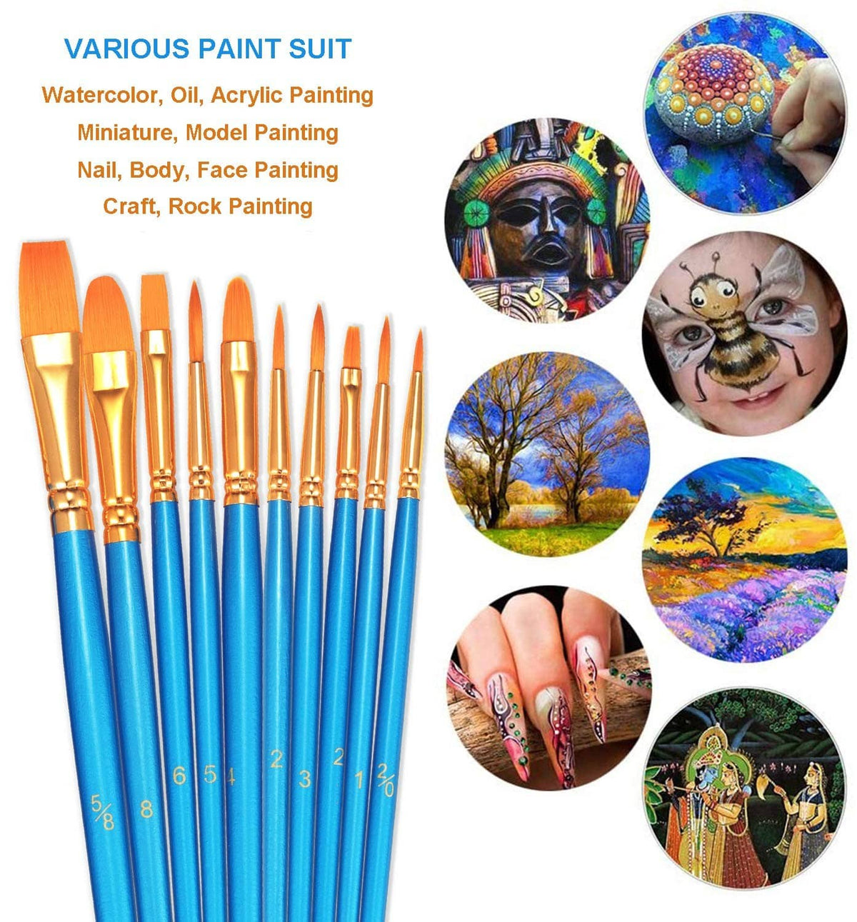 Paint brush set with blue handles and orange bristles, gold ferrules for multiple uses