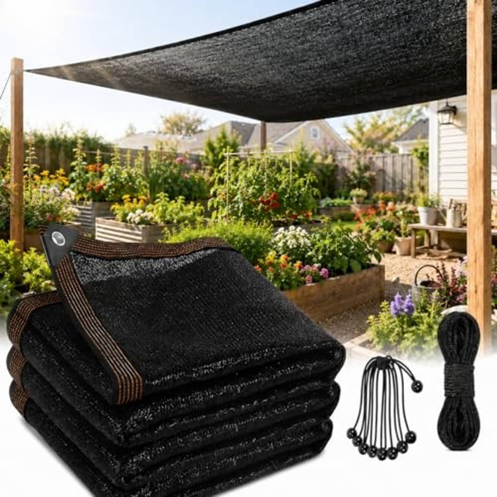 Stacked dark gray sun shade cloth panels with metal grommets and reinforced seams
