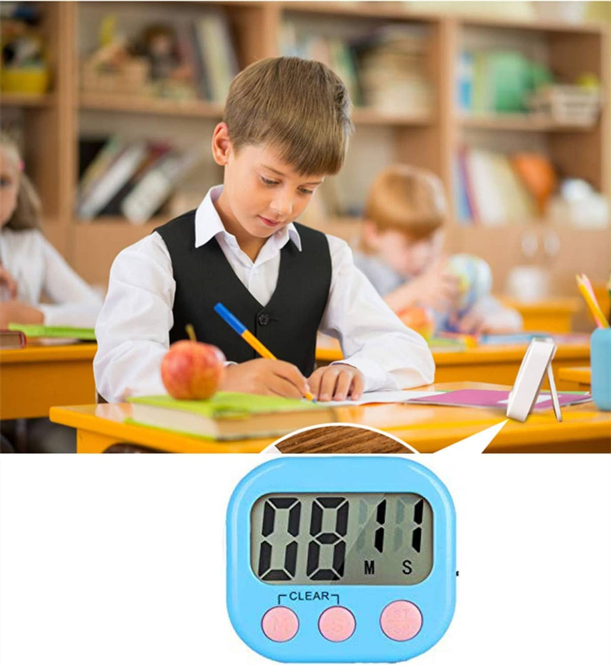 Blue digital kitchen timer with large LCD digits and three round buttons.