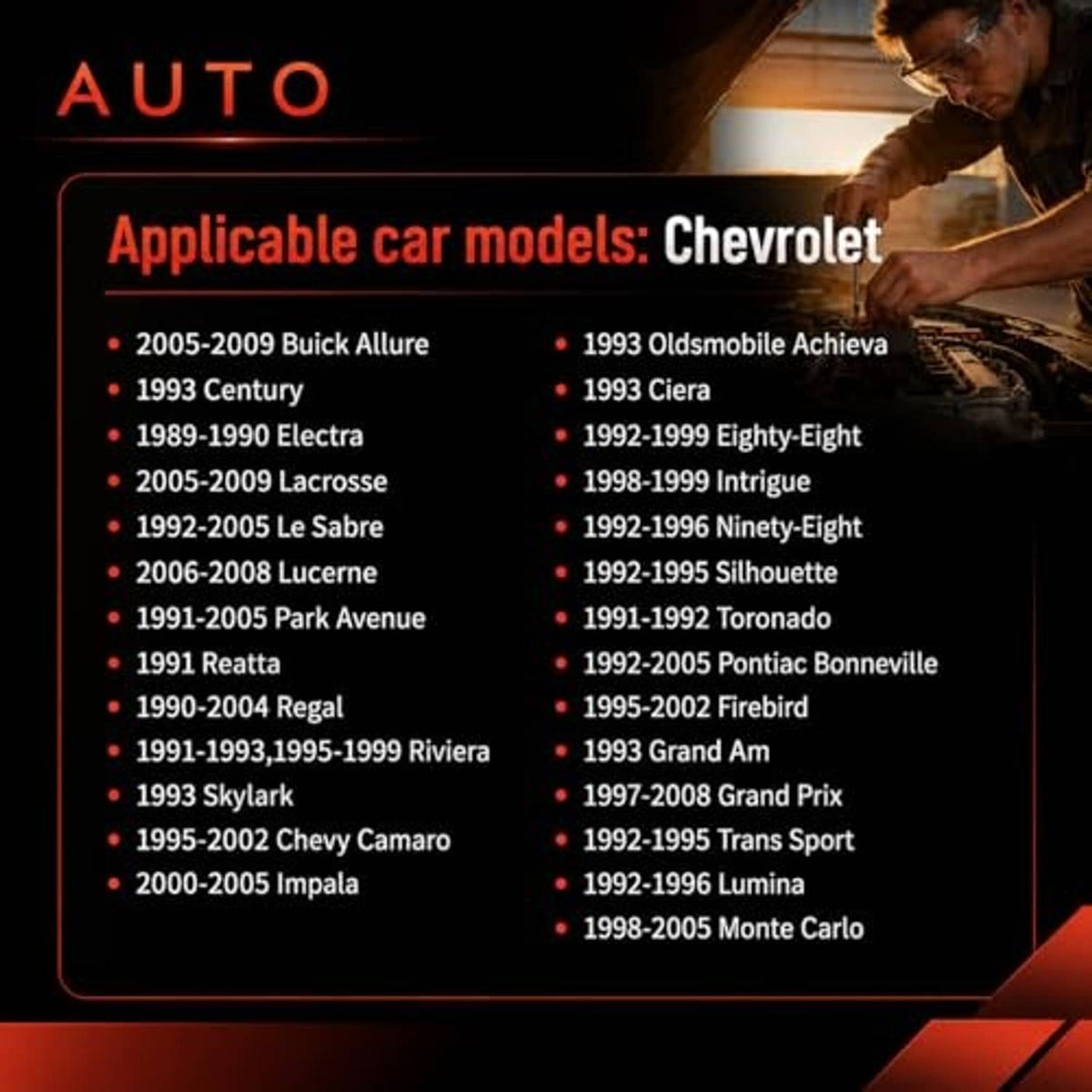Compatibility infographic listing vehicle models for ignition control module