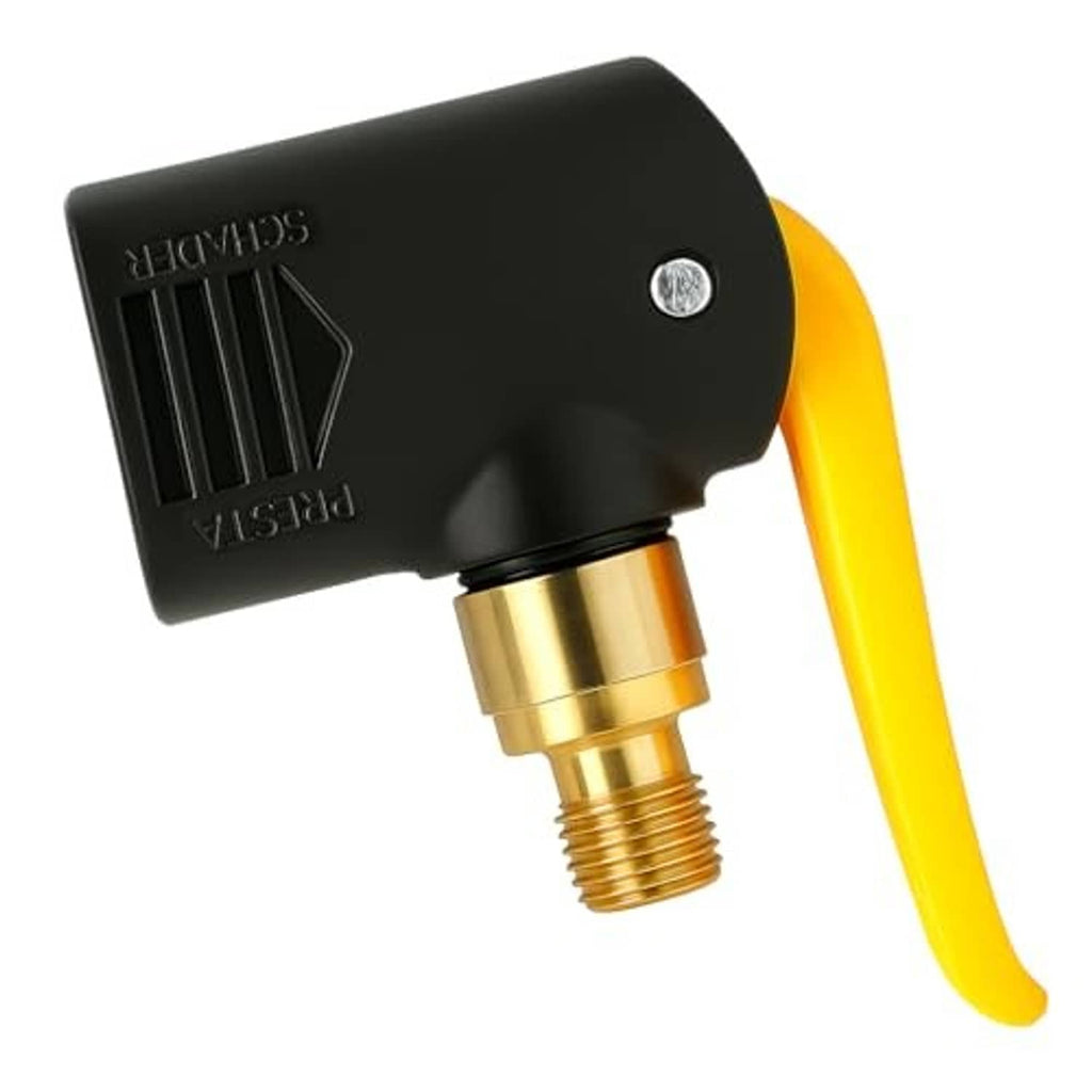 Black valve adapter head with brass male thread and yellow release lever