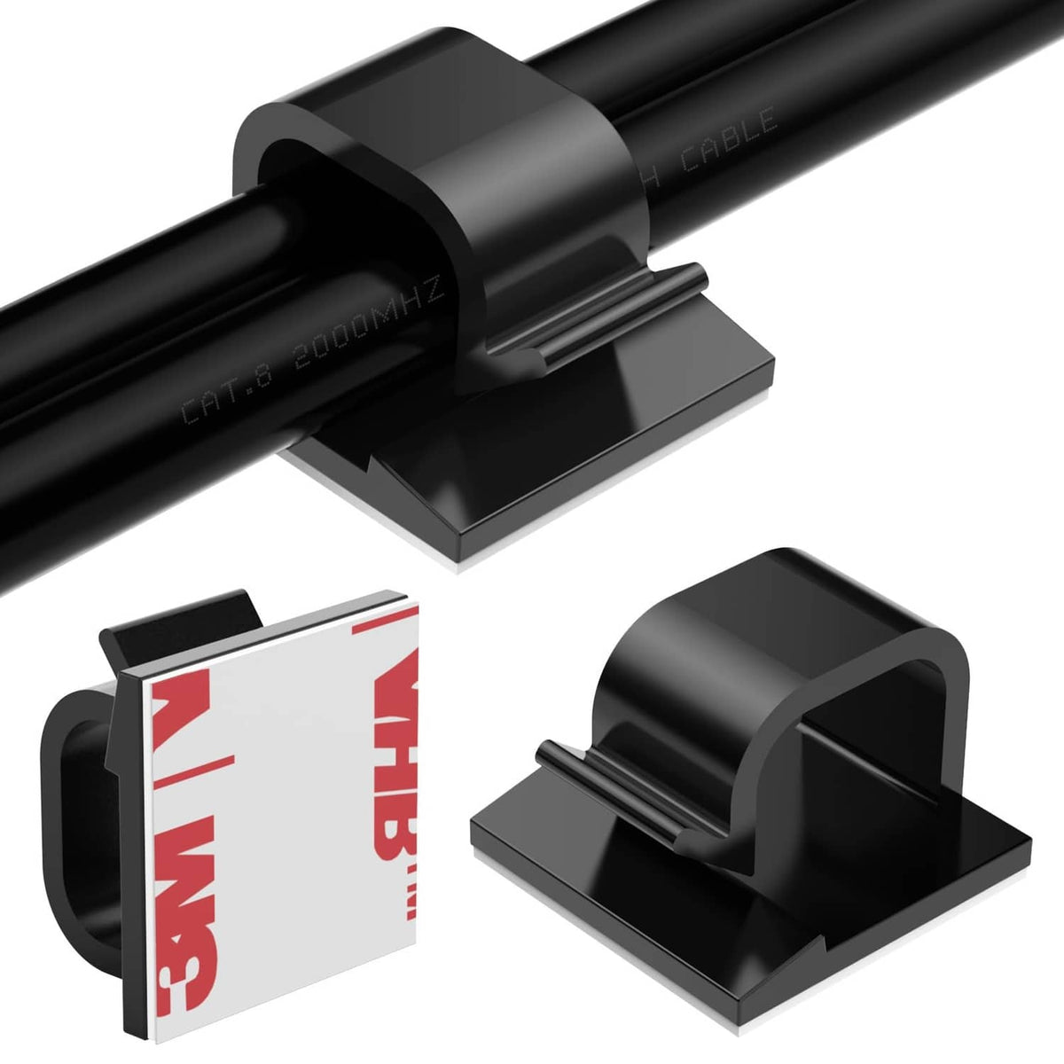 Black large cable clip with raised base, holding a round cable securely