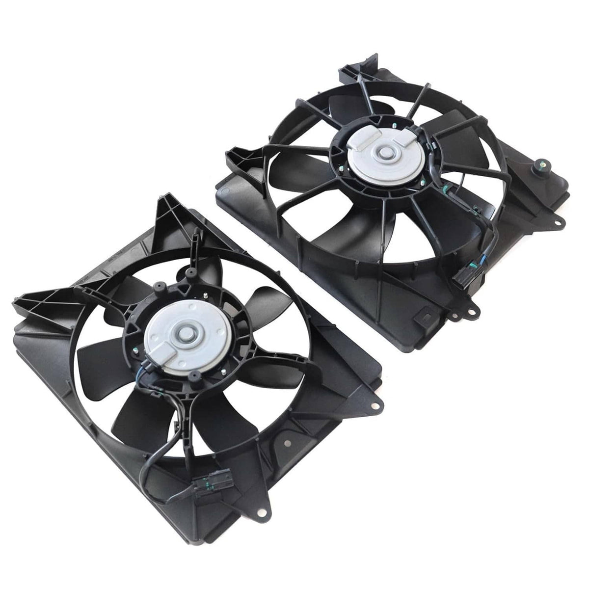 Twin radiator cooling fan assemblies with black blades and silver round motor hubs