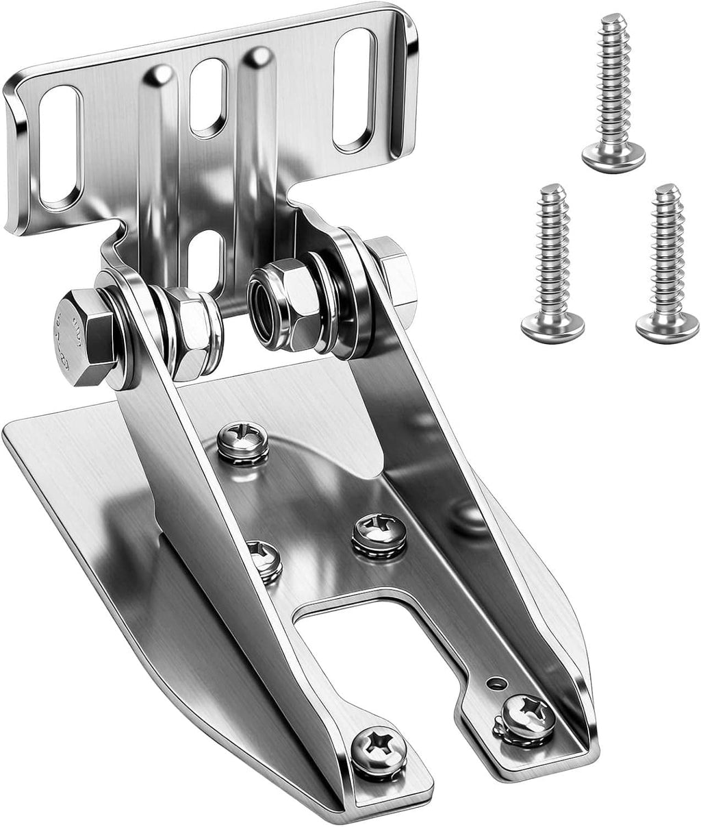 Stainless steel transom mount bracket with spray shield, close view with mounting screws