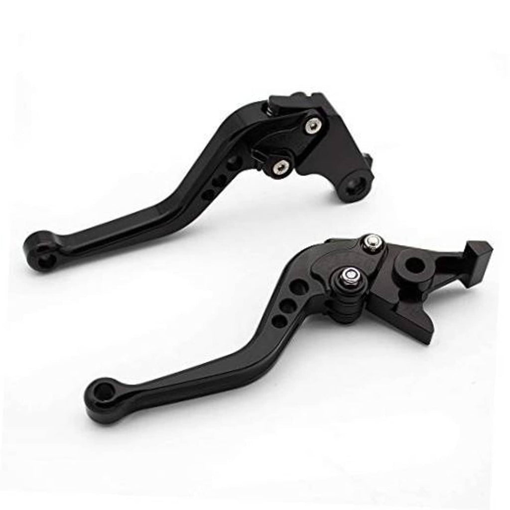 Black CNC short motorcycle brake and clutch lever set, adjustable pivot, textured mounting bolts