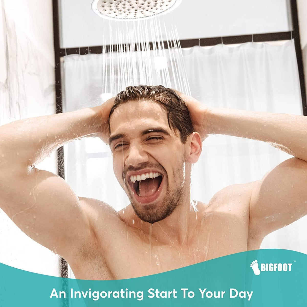 Frosted white shower curtain liner behind the showerhead for privacy