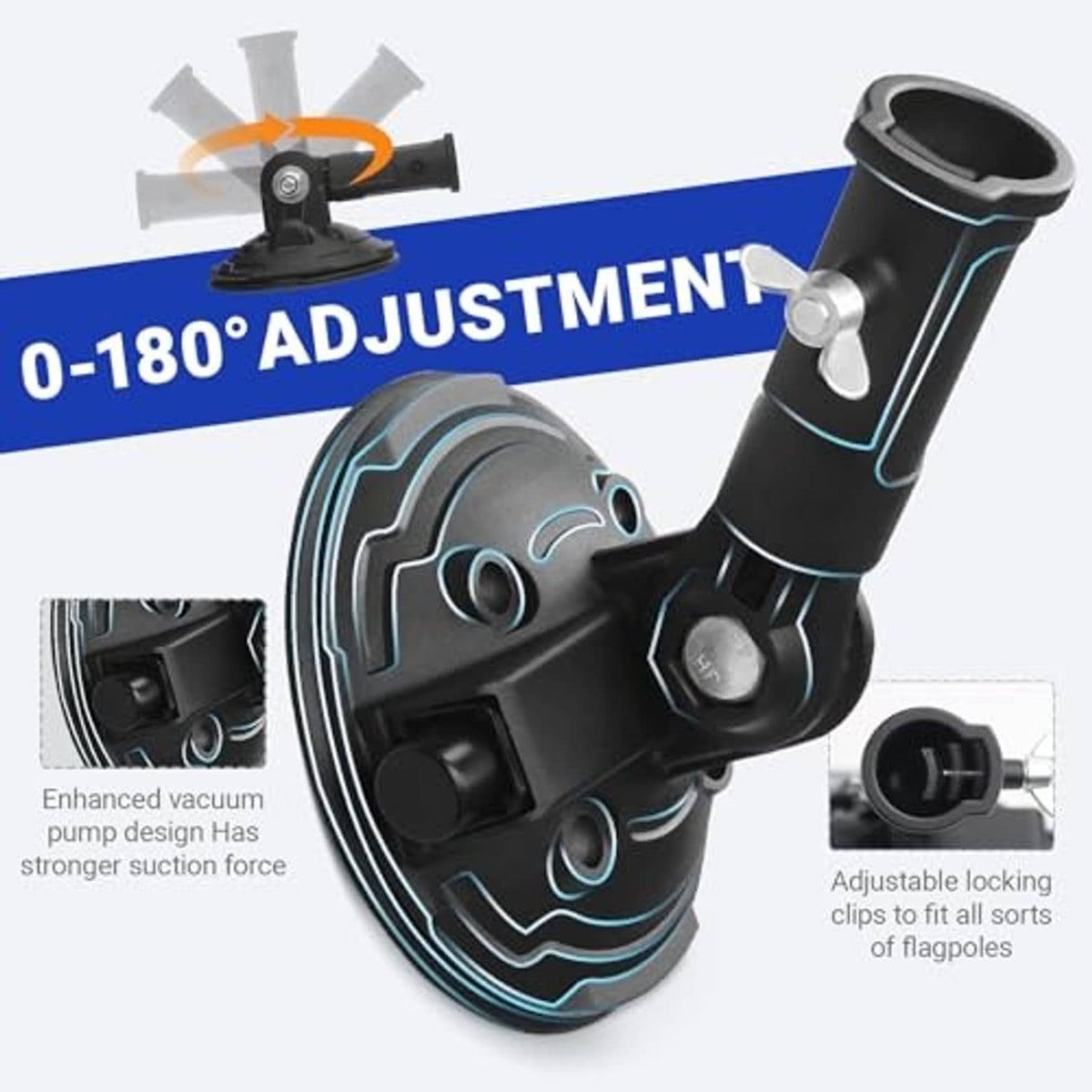 Black 180-degree adjustable flag holder with suction cup and locking clips
