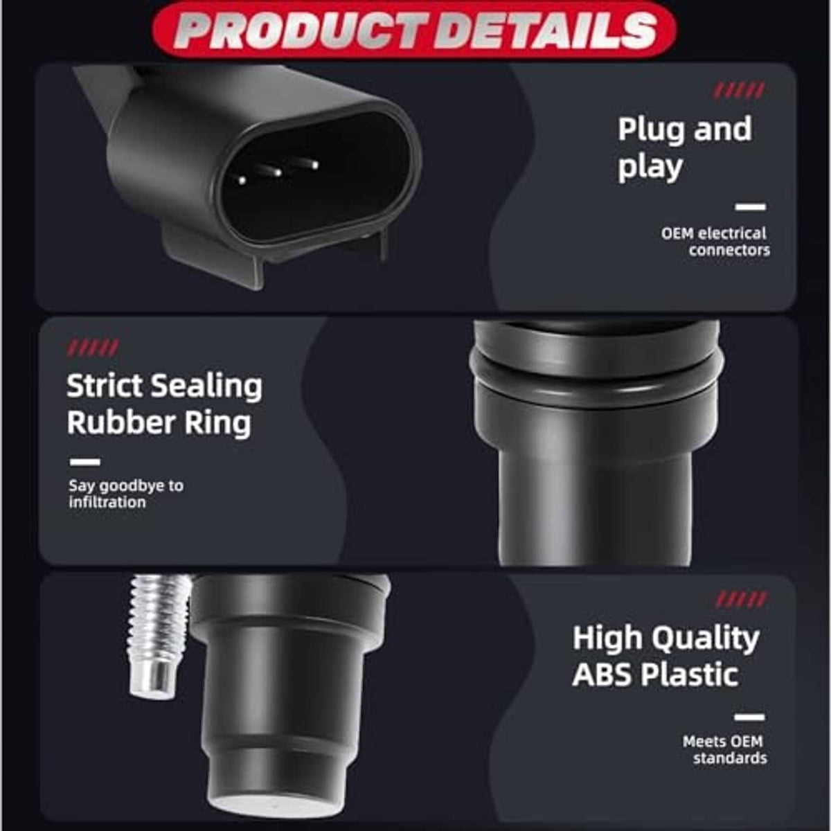 Camshaft position sensor details graphic: plug and play, sealed rubber ring, ABS plastic