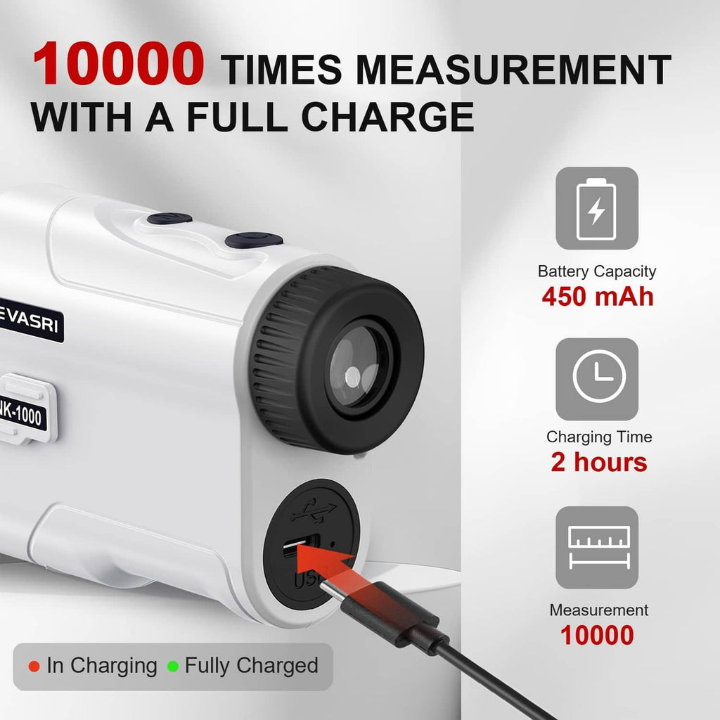 White golf rangefinder close-up with charging port and battery capacity label.