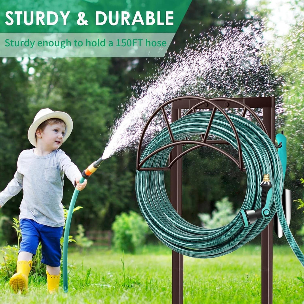 Bronze outdoor hose holder with teal coiled hose on top rack and hanging nozzles