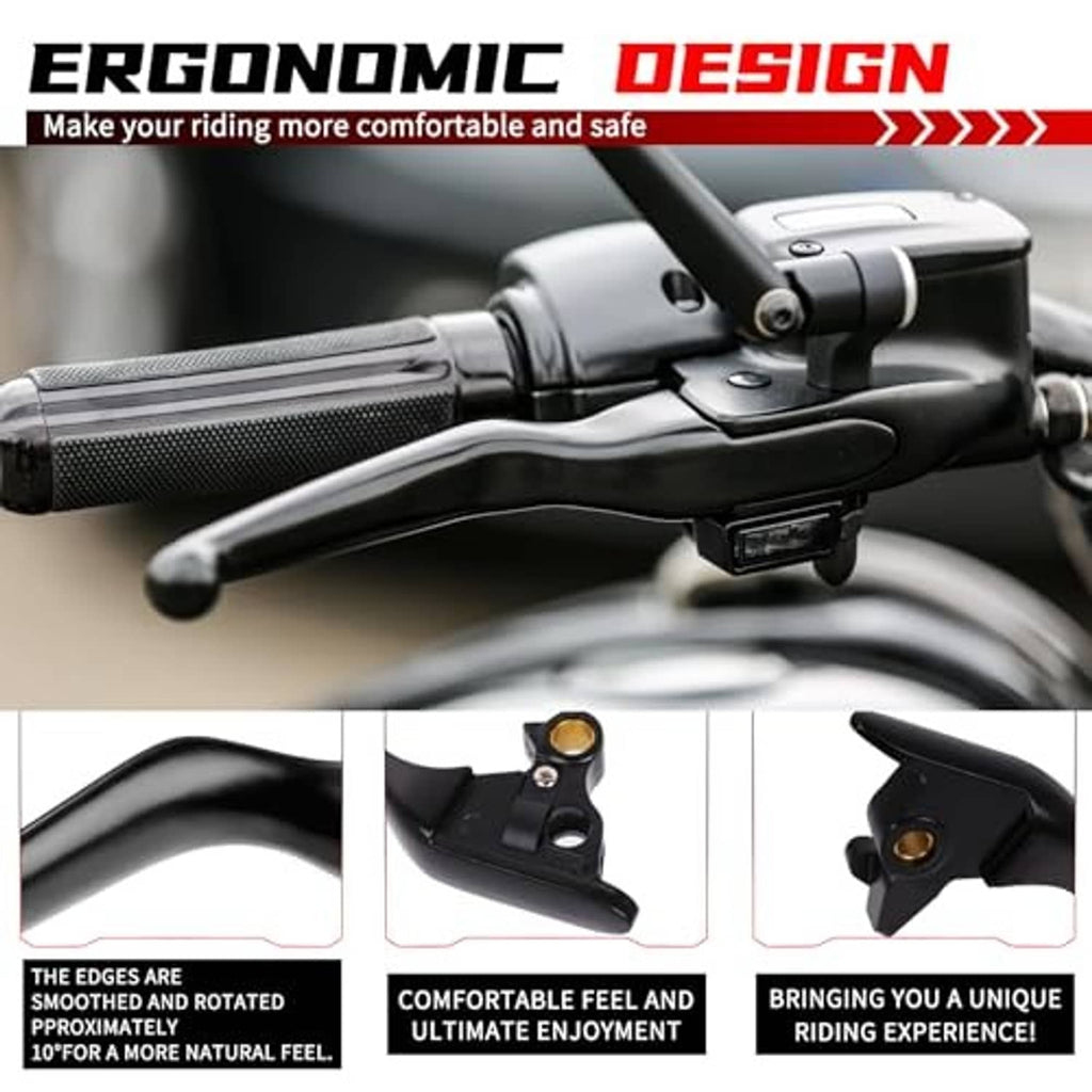 Black motorcycle brake and clutch hand levers on handlebars, textured grip area