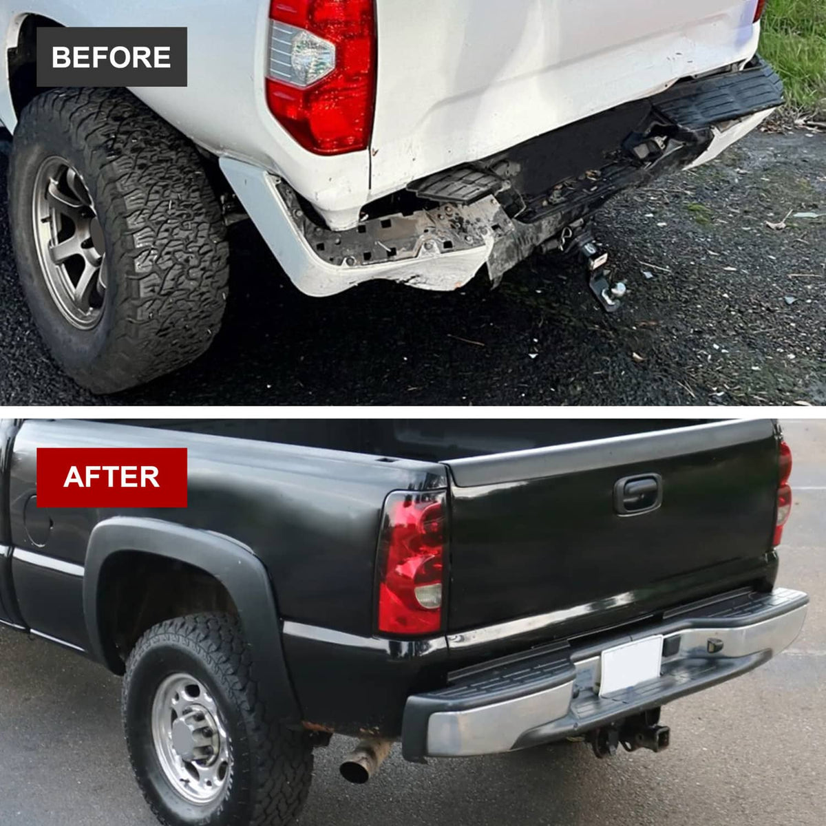 Installed chrome rear step bumper on pickup truck with black step surface