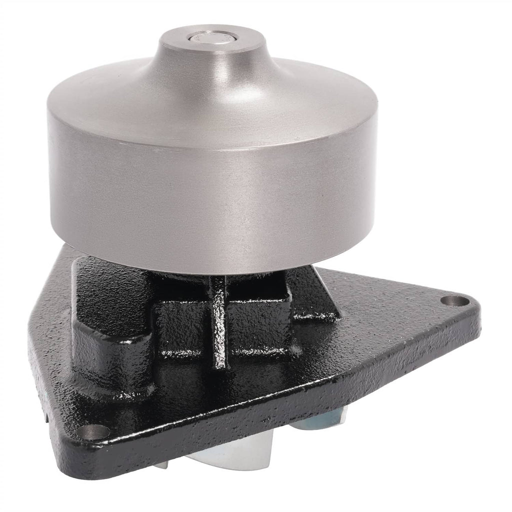 Water pump assembly with silver housing and black mounting flange with outlet