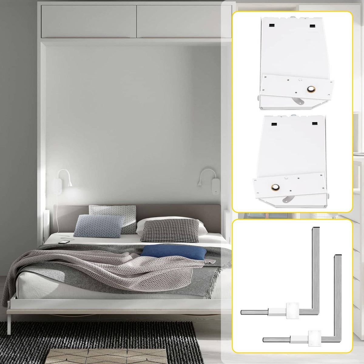 White Murphy bed spring mechanisms with bracket panels and steel support legs
