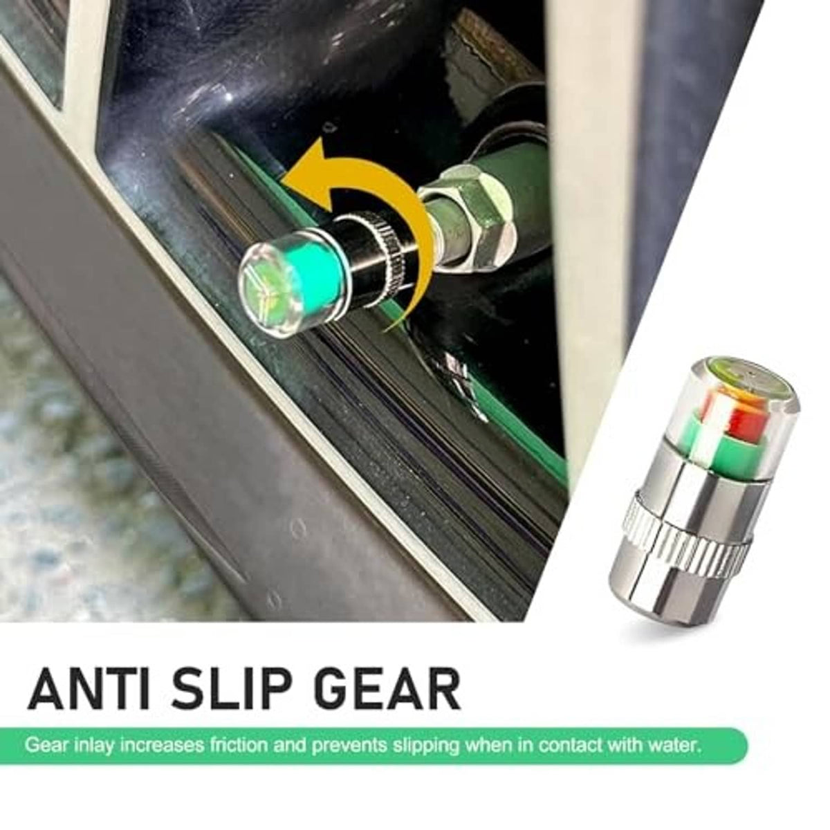 Silver tire valve stem cap installed on vehicle wheel rim with green/red indicator