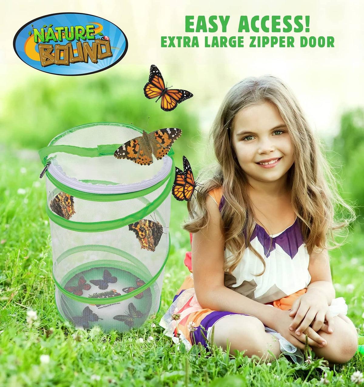 Green mesh butterfly habitat with zip-open top and visible butterflies on the netted cup.