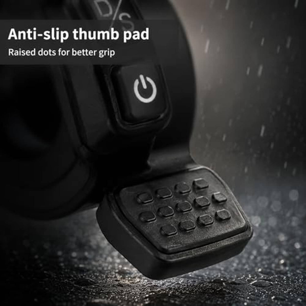 Black thumb throttle with raised anti-slip thumb pad and power button