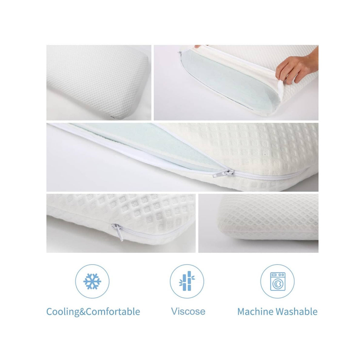 White thin memory foam pillow with zippered cover; cooling, viscose, machine-wash features.